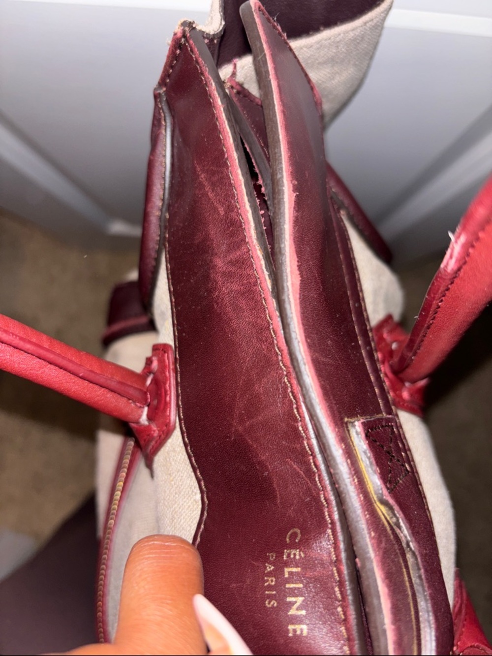 Celine Beige Canvas Tote with Burgundy and Dark Brown Leather Trim - Picture 9 of 10